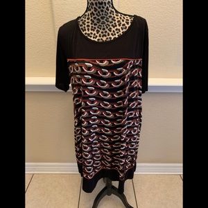 Expresso- Black, orange chain link pattern dress.